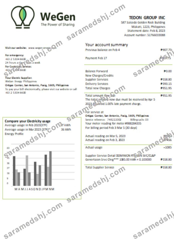 WeGen Energy Philippines utility business bill,  SCR